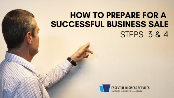 A man pointing toward the text "HOW TO PREPARE FOR A SUCCESSFUL BUSINESS SALE STEPS 3 & 4"